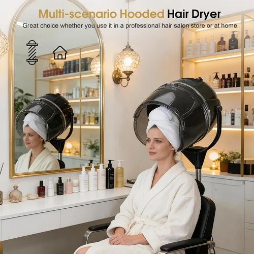 Vista 8 de BarberPub Secador de pelo con capucha de 1300 W con soporte, base rodante de pie ajustable en altura, equipo de salón de belleza con rotación