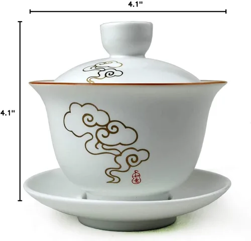 Vista 8 de Liang baobao Gaiwan - Taza de té de porcelana de 8 onzas, color blanco esmaltado con borde dorado, sopera china de gongfu, taza de té de gongfu