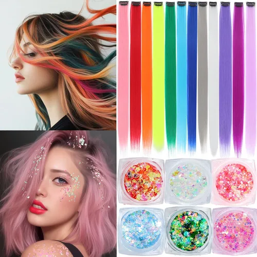 Vista 2 de Extensiones de cabello de colores, extensión de cabello liso con clip de 22 pulgadas, extensiones de cabello con brillantina multicolor arcoíris