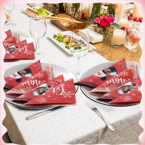 Vista 6 de Faccito 100 servilletas de papel de muñeco de nieve de Navidad, servilletas de cóctel de copo de nieve de invierno, servilletas de bebidas rojas