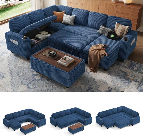 Vista 18 de LINSY HOME Sofá cama seccional con sofá cama extraíble para sala de estar (azul) Plush Corduroy