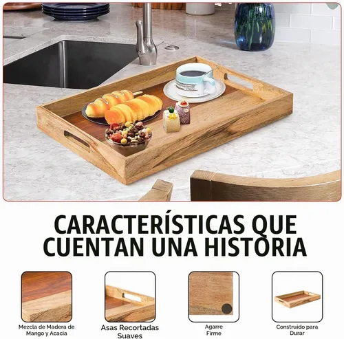 Vista 4 de Mela Artisans - Bandeja rectangular de madera de mango para servir, natural Bordes rectangulares