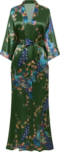Vista 9 de BABEYOND Bata tipo kimono para mujer, bata larga de satén con estampado de pavo real y flores Verde