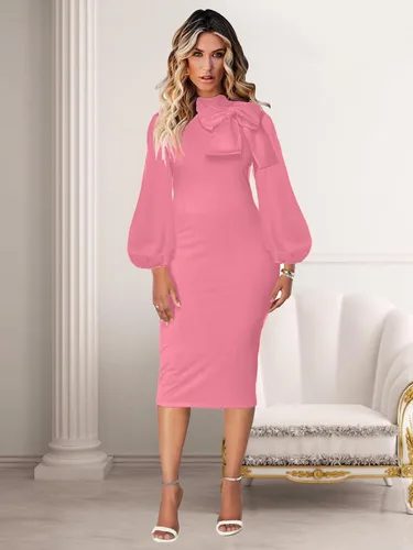 Vista 4 de Beverly Vestido de tubo ajustado para mujer, de manga larga, elegante, con lazo, para trabajo, oficina, cóctel, fiesta, vestido de tubo