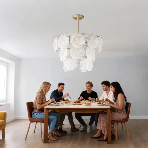 Vista 3 de Candelabros dorados modernos de cristal semiempotrados para techo para comedor, lámpara redonda de cristal de 19.7 pulgadas, lámpara colgante