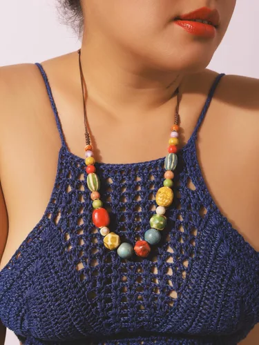 Vista 5 de MINACHI Hippie Boho - Collar de cuentas redondas de cerámica colorida, estilo bohemio, regalo de joyería para mujer