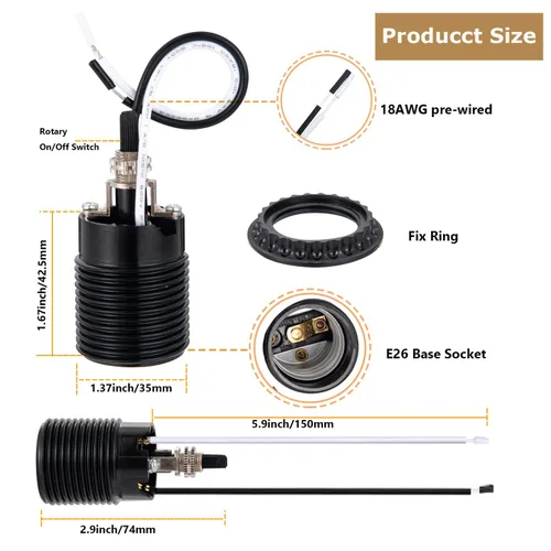 Vista 3 de TWDRTDD US E26 - Enchufe de fijación con rosca fenólica (Bakelita), base media con cable de 3.9 pulgadas, soporte de lámpara estándar TWDRTDD US E26