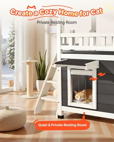 Vista 3 de VEVOR Casa para gatos al aire libre, refugio de madera para gatos de 2 pisos con escaleras y balcón, refugio elevado para gatitos, habitación