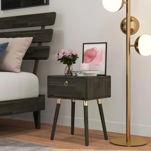 Vista 13 de Bme Caden Mesita de noche/Mesa auxiliar/Mesa de centro de madera maciza, completamente ensamblada, con 1 cajón para dormitorio y sala de estar