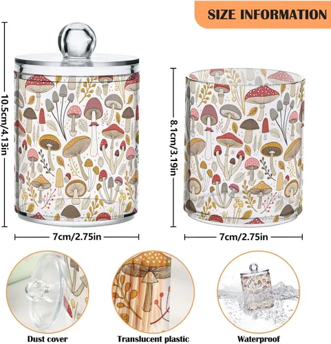 Vista 3 de Paquete de 2 tarros de boticario para baño, coloridos setas, dispensador de plástico transparente con tapa para bolas de algodón, hisopo de algodón