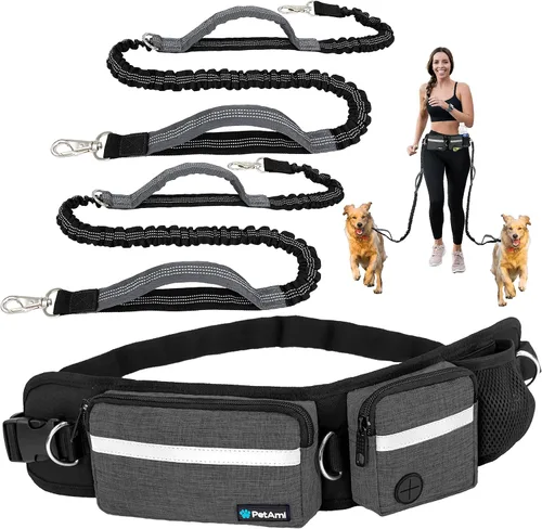 Vista 12 de Correa para perro PetAmi manos libres, correa para correr con bolsa para la cintura, para caminar, trotar, doble bolsillo con cremallera