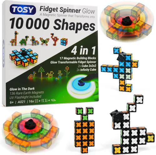 Vista 16 de TOSY Spinner Fidget Magnético que Brilla - 16 Bloques, Juguete 3 en 1: Spinner Fidget Transformable, Cubo Infinito/Rompecabezas, Brillante, Rellenos
