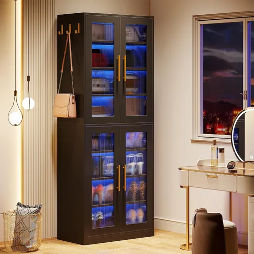 Vista 4 de Tribesigns Armario de Almacenamiento de Zapatos Negro con Puertas de Acrílico y Luces LED, Estante Organizador de Zapatos de Entrada Alto de 8