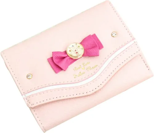 Vista 4 de YaJaMa Sailor Moon - Cartera pequeña de piel sintética con lazo Kawaii Tsukino Usagi triple para tarjetas de crédito para niñas, Rosado, Lindo
