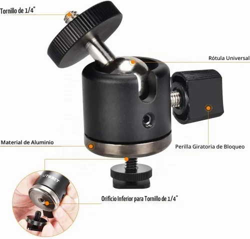 Vista 3 de UTEBIT Mini cabeza de bola, cabeza de trípode con zapata caliente de 1/4", adaptadores de montaje de cámara con cabeza de bola giratoria de 360°