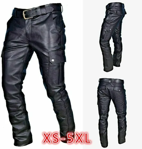 Vista 2 de Pantalones de cuero para hombre, pantalón de motocicleta para motociclistas, motociclistas, deportes, calle, cargo, pantalón de piel sintética
