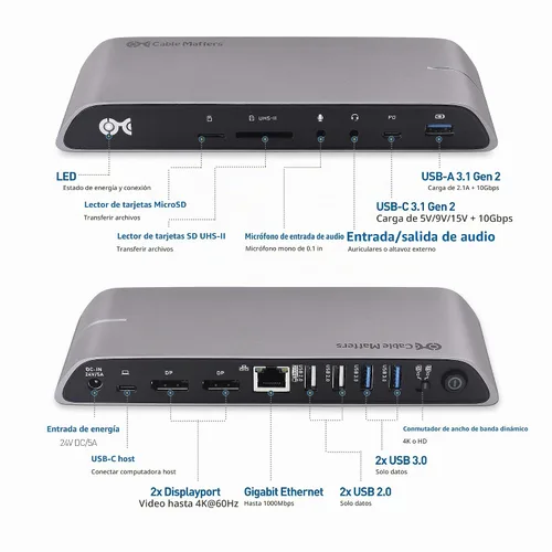 Vista 5 de Cable Matters Base USB C para Windows, DisplayPort dual 4K, carga de 80 W
