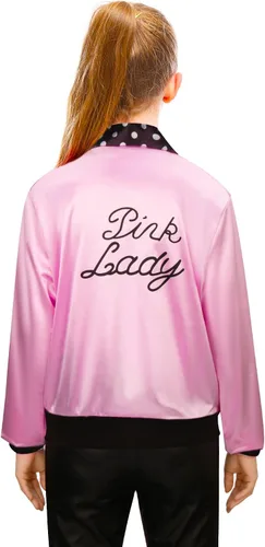 Vista 4 de FLOWDREAM 1950s Child Kids Pink Satin Jacket Little Girls Halloween Costume Cosplay Fancy Dress up Coat with Neck Scarf