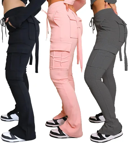 Vista 5 de Pantalones deportivos cargo para mujer, leggings acampanados Y2K con cintura elástica y dobladillo con abertura en la parte inferior acampanada