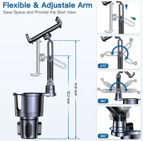 Vista 4 de Portavasos para teléfono y tableta, 2 en 1, iPad con brazo extensible ajustable para teléfono de 4.7 a 10 pulgadas, soporte para tableta compatible