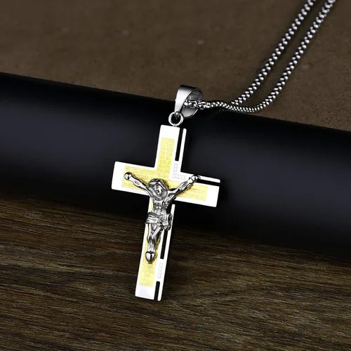 Vista 4 de YL Collar de cruz para hombre de acero inoxidable con colgante de crucifijo de cadena Rolo de Jesucristo, joyería de oración del Señor