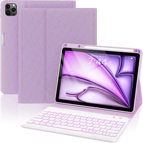 Vista 19 de OYEEICE Funda de teclado para iPad 6ª/5ª generación de 9.7 pulgadas, teclado inalámbrico desmontable retroiluminado de 7 colores, cubierta magnética