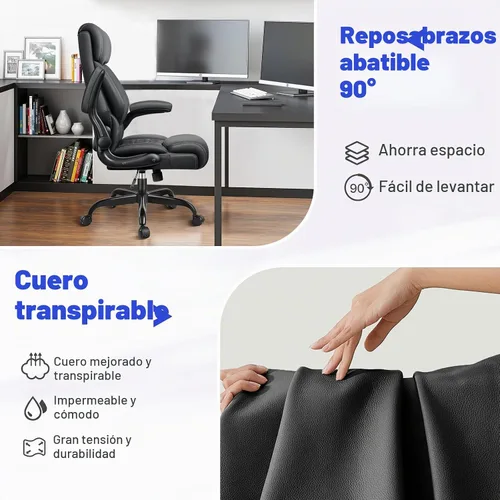 Vista 3 de Silla ejecutiva de oficina de respaldo alto - Escritorio ergonómico para computadora con función de balanceo, de cuero para gerencia