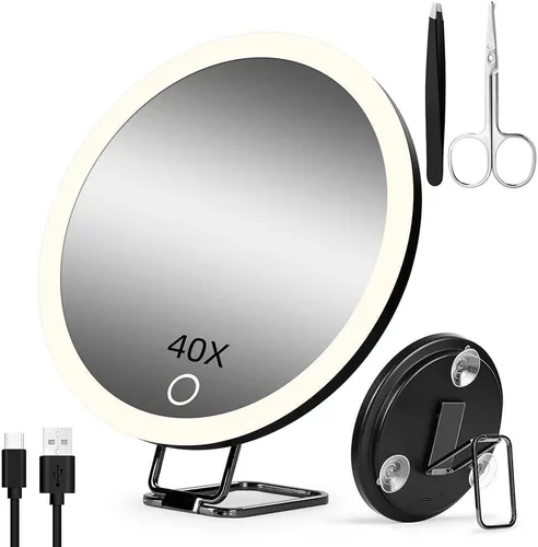 Vista 14 de Espejo de aumento recargable de 6 pulgadas iluminado 10x con ventosas y soporte de mesa 10x - negro