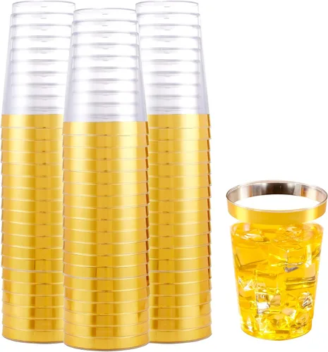 Vista 11 de LUODA 150 vasos de plástico azul, vasos desechables transparentes de 9 onzas con borde dorado, vasos de plástico con borde dorado, vasos de plástico