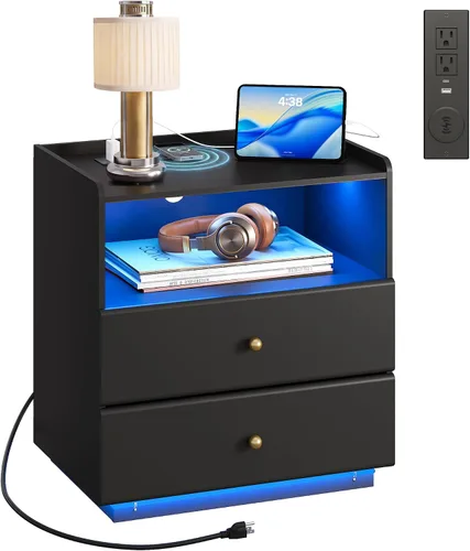Vista 15 de WLIVE Mesita de noche negra con estación de carga y luces LED, mesita de noche con 2 cajones de madera y parte superior deslizante, mesa auxiliar