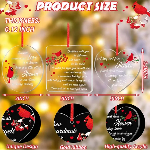 Vista 3 de Red Cardinal - Adornos conmemorativos acrílicos transparentes, regalos de Navidad en el cielo y condolencias por la pérdida de un ser querido