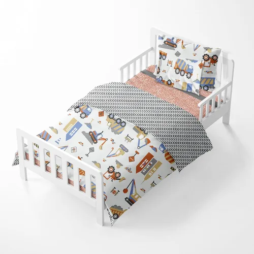 Vista 4 de Bacati Juego de ropa de cama de algodón multicolor de construcción de 4 piezas para niños, 100% algodón, incluye edredón reversible, sábana bajera