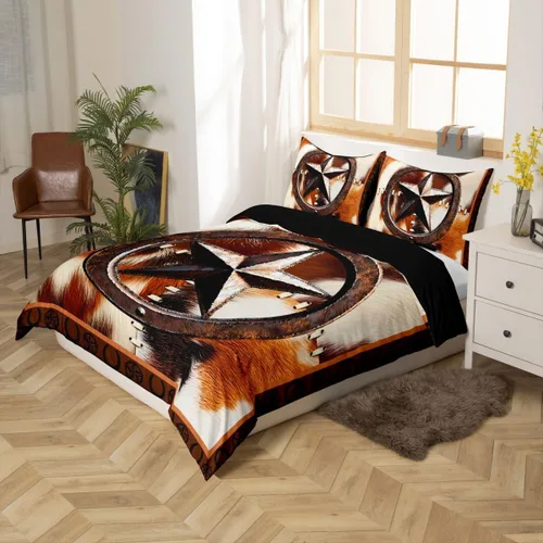 Vista 2 de Juego de ropa de cama de piel de vaca para niños y niñas, funda de edredón con estampado de estrellas de piel de vaca occidental, funda de edredón