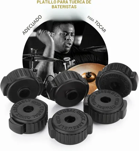 Vista 5 de Facmogu 6 piezas de tuercas de platillo de plástico negro, tuerca de platillo de 8 mm de ajuste rápido para kit de tambor de percusión, tuerca