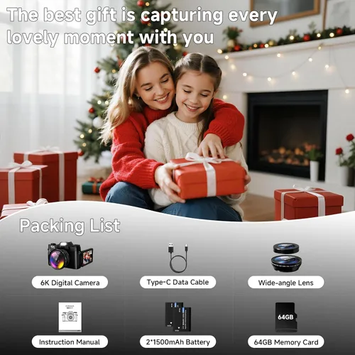 Vista 9 de Cámara digital 6K para fotografía con enfoque automático, cámara de videoblogs WiFi de 64 megapíxeles para YouTube con pantalla giratoria de 3