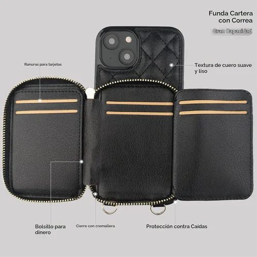 Vista 7 de Bocasal Funda tipo cartera tipo bandolera para iPhone 14 Plus, color negro