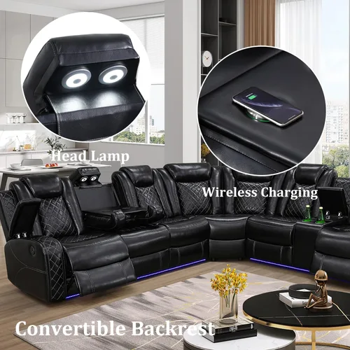 Vista 3 de Sofá Seccional Reclinable Eléctrico, Sofá Modular Seccional Reclinable de Cuero Negro, Sofá de Cuero en Forma de L con Luces LED/Cargador