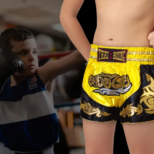 Vista 6 de Pantalones cortos de Muay Thai para niños (4 años a 10 años) para boxeo, kickboxing, artes marciales mixtas, entrenamiento para niños y niñas