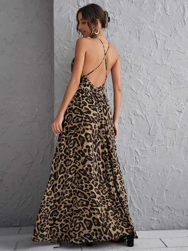 Vista 2 de Floerns Vestido largo de playa con cuello en V profundo y espalda cruzada de leopardo para mujer