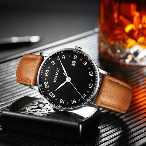 Vista 3 de VAVC 24 Hour Watch Unisex Swiss Quartz Movement Waterproof Watch with Black Leather Strap for Men Women