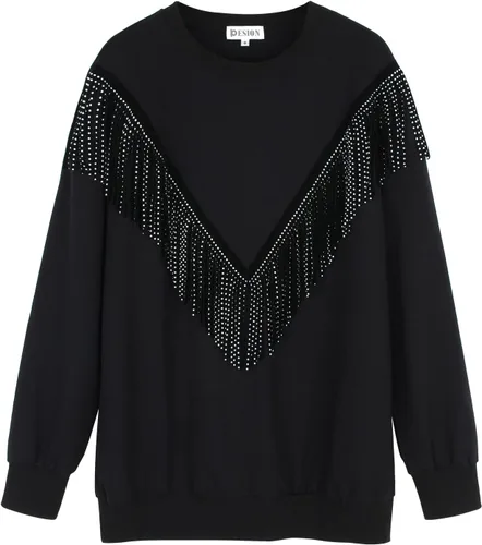 Vista 5 de PESION Sudadera de gran tamaño para mujer, cuello redondo, manga larga, ribete de flecos, suéter