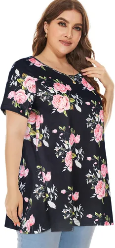 Vista 3 de Blusas de talla extragrande para mujer, camisas de túnica manga corta, informal, estilo floral, blusas fluidas