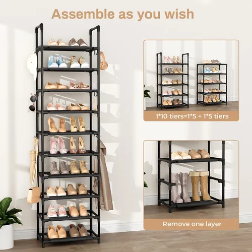 Vista 5 de VTRIN - Estantería alta de 10 niveles para zapatos, con capacidad para 20-25 pares de zapatos, organizador vertical resistente con 18 ganchos