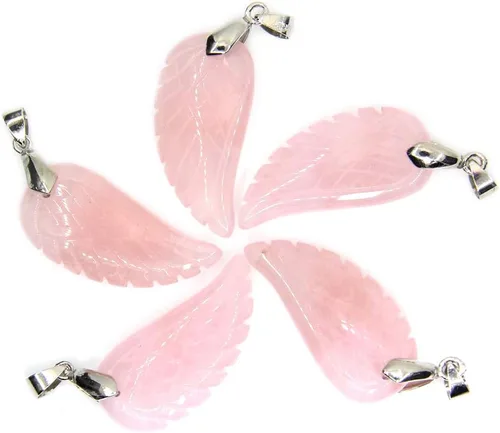 Vista 4 de Collares con colgante de ala de ángel tallada a mano con piedras preciosas de cuarzo rosa natural de 1.378 in
