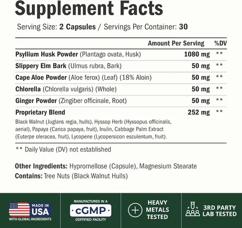 Vista 2 de Cápsulas de cáscara de psyllium 1080mg - 60 cápsulas de fibra de psyllium para regularidad