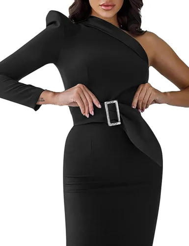 Vista 5 de Rooscier Vestido midi elegante de manga larga con cinturón y un hombro descubierto para mujer