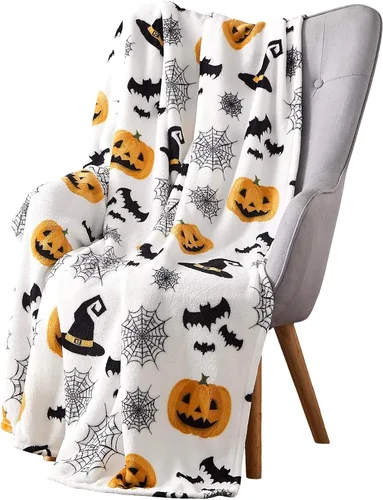 Vista 23 de Manta de forro polar de Halloween, murciélagos negros sobre fondo naranja, 50 x 70 pulgadas Ultra-soft cozy flannel fleece, for sofa couch bed