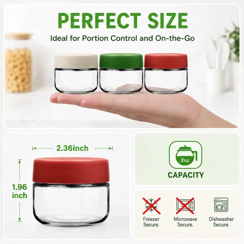Vista 2 de EONJOE Recipientes de vidrio de 2 onzas para salsas, mini tarros de condimentos con tapas, accesorios para lonchera, paquete de 6 Airtight ,BPA