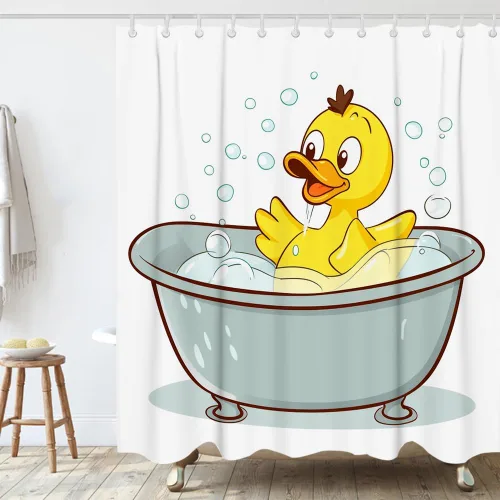 Vista 2 de Divertida cortina de ducha de tela con diseño de pato chirriante amarillo, juego de cortina de ducha para niños, con 12 ganchos, 72 x 72 pulgadas