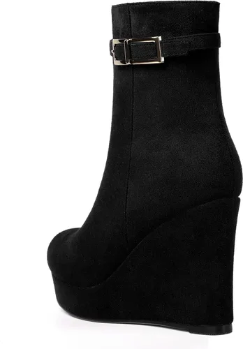 Vista 7 de MERRORI Bukle - Botas altas de tacón alto para mujer, puntera redonda, plataforma de gamuza sólida, de 4 pulgadas